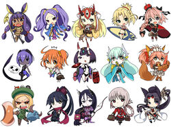  1boy 6+girls :d ^^^ ahoge animal_ears armor astolfo_(fate) axe babe_(fate) bell belt beret beriko_(dotera_house) bikini black_hair black_pantyhose black_sclera black_skirt blonde_hair blue_hair blush bob_cut bodysuit boots bow bow_(weapon) braid breast_curtains breasts brown_footwear brown_gloves bull carrot chaldea_uniform chibi chinese_clothes coat collar colored_sclera crown dark-skinned_female dark_skin fangs fate/grand_order fate_(series) first_aid_kit florence_nightingale_(fate) folded_ponytail fox_ears fox_tail fujimaru_ritsuka_(female) full_body gloves green_coat green_eyes grey_legwear hair_between_eyes hair_intakes hair_ornament hair_scrunchie hairbow hand_fan hand_on_own_cheek hand_on_own_face hand_on_own_hip hanfu hassan_of_serenity_(fate) hat high_ponytail high_side_ponytail highres horns ibaraki_douji_(fate) jack_the_ripper_(fate/apocrypha) japanese_clothes jpeg_artifacts katana katou_danzou_(fate) kimono kiyohime_(fate) lantern large_breasts long_hair long_sleeves looking_at_viewer looking_back mask medium_breasts minamoto_no_raikou_(fate) mordred_(fate) mordred_(swimsuit_rider)_(fate) mordred_(swimsuit_rider)_(first_ascension)_(fate) multiple_girls navel neck_bell nitocris_(fate) nursery_rhyme_(fate) oerba_yun_fang open_clothes open_kimono open_mouth orange_eyes orange_hair otoko_no_ko pantyhose paper_lantern parted_bangs paul_bunyan_(fate) pink_eyes pink_hair pleated_skirt protected_link prydwen_(fate) purple_bodysuit purple_eyes purple_hair purple_kimono red_bikini red_scarf revealing_clothes ribbed_sleeves scarf scrunchie seiza short_eyebrows short_hair shuten_douji_(fate) shuten_douji_(first_ascension)_(fate) side_ponytail simple_background single_braid sitting skin-covered_horns skirt skull_mask sleeves_past_wrists small_breasts smile standing surfboard swimsuit sword tail tamamo_(fate) tamamo_cat_(fate) tamamo_cat_(second_ascension)_(fate) tate_eboshi twintails ushiwakamaru_(fate) v_over_eye very_long_hair weapon white_background wide_sleeves wu_zetian_(fate) yellow_eyes 