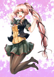  :d black_pantyhose boots brown_footwear commentary_request female grey_sailor_collar grey_skirt highres kantai_collection kazu_(really_in_hot_water_now) long_hair open_mouth pantyhose pink_hair pleated_skirt sailor_collar short_sleeves skirt smile solo very_long_hair yellow_eyes yura_(kancolle) yura_kai_ni_(kancolle) 