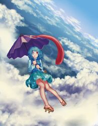  absurdres blue_hair blue_skirt blush cloud cloudy_sky commentary_request day feet female flying full_body geta highres holding holding_umbrella looking_at_viewer one_eye_closed outdoors parasol red_eyes short_hair skirt sky smile solo tatara_kogasa toes tongue tongue_out touhou umbrella wasabichan 