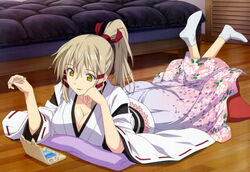  absurdres breasts cleavage female hair_ribbon handheld_game_console highres inari_konkon_koi_iroha. japanese_clothes kogure_masahiro large_breasts lipstick long_hair lying makeup nintendo_ds non-web_source nyantype official_art on_stomach ponytail ribbon ribbon-trimmed_sleeves ribbon_trim scan smile socks solo stylus the_pose tress_ribbon uka-no-mitama-no-kami_(inakon) yellow_eyes 