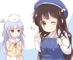  2girls :| ;) alternate_costume angora_rabbit araki495 backpack bag beret black_hair blue_eyes blue_hair breast_envy brown_hair closed_mouth commentary_request cosplay costume_switch gochuumon_wa_usagi_desu_ka? green_eyes hair_ornament hat holding_strap hoto_cocoa&#039;s_school_uniform kafuu_chino kafuu_chino&#039;s_school_uniform kafuu_chino_(cosplay) looking_at_viewer md5_mismatch multiple_girls one_eye_closed rabbit resolution_mismatch school_uniform smile source_smaller sparkle squiggle tippy_(gochiusa) ujimatsu_chiya ujimatsu_chiya_(cosplay) v v-shaped_eyebrows wavy_mouth x_hair_ornament 