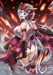  ahoge ass breasts dual_wielding elbow_gloves female fire from_behind gatling_gun gloves headgear holding large_breasts legs_together leotard long_hair looking_at_viewer looking_back low_twintails lyrical_denko no_ahoge open_mouth purple_eyes red_thighhighs senki_zesshou_symphogear solo standing teeth thighhighs twintails very_long_hair white_hair yukine_chris 