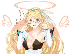  :d adjusting_eyewear archangel_(p&amp;d) blonde_hair breasts cleavage collarbone commentary_request female glasses gochiwa halo headdress highres large_breasts long_hair open_mouth puzzle_&amp;_dragons red-framed_eyewear semi-rimless_eyewear smile solo under-rim_eyewear v-shaped_eyebrows wings 