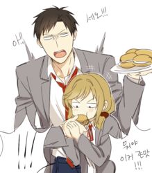  ! !! 1boy :d :o bad_id bad_twitter_id black_hair blonde_hair burger check_translation eating female food gekkan_shoujo_nozaki-kun height_difference korean_text long_hair mery_(yangmalgage) necktie nozaki_umetarou open_mouth school_uniform seo_yuzuki short_hair smile translation_request v-shaped_eyebrows 