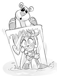  accessory activision anthro bandicoot bear breasts clenched_teeth clothed clothing coco_bandicoot cold crash_(series) eyebrows eyelashes female flower flower_in_hair freezing frozen frozen_solid hair hair_accessory ice long_hair mammal mario-grant marsupial monochrome plant polar_(crash_bandicoot) polar_bear teeth ursine 