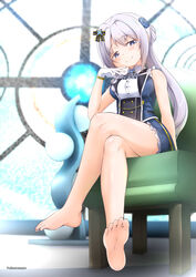  abutomato bare_legs barefoot blue_eyes blush braid breasts dress eyebrows_visible_through_hair feet female female frills gloves hair_ornament magia_record:_mahou_shoujo_madoka_magica_gaiden mahou_shoujo_madoka_magica medium_breasts short_dress sidelocks silver_hair sitting sleeveless sleeveless_dress smile solo twitter_username white_gloves yakumo_mitama 