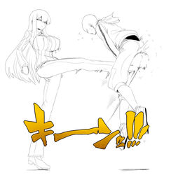  1boy ball_busting biriri_(spacezin) bondage bouncing_breasts breasts cbt crotch_kick female femdom huge_breasts line_art long_hair long_legs monochrome motion_blur pain personification pokemon ribbed_sweater spacezin straight sweater tsurime voltorb 