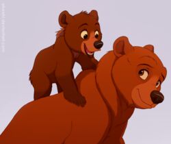  akeahi bear brother_bear brown_bear brown_body brown_eyes brown_fur disney duo feral fur grizzly_bear kenai_(brother_bear) koda_(brother_bear) male mammal simple_background smile teeth ursine young young_feral 