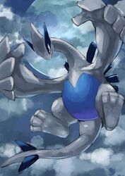  black_eyes cloud commentary_request fangs full_moon highres lugia moon no_humans pokemon pokemon_(creature) sky solo tail tesshii_(riza4828) 