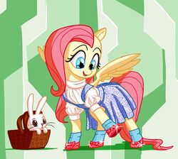  2017 absurd_res angel_(mlp) blue_eyes clothed clothing crossover docwario dress duo equid equine female feral fluttershy_(mlp) friendship_is_magic hair hasbro hi_res horse lagomorph leporid mammal my_little_pony pink_hair pony rabbit smile the_wonderful_wizard_of_oz 