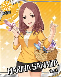  artist_request black_shorts bracelet brown_eyes brown_hair card_(medium) character_name female idolmaster idolmaster_cinderella_girls jewelry long_hair necklace official_art orange_background sawada_marina shorts smile solo sparkle sun_symbol 