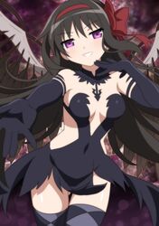  akemi_homura akuma_homura alternate_breast_size argyle_clothes argyle_legwear ass_visible_through_thighs bare_shoulders black_dress black_gloves black_hair bow breasts choker commentary_request covered_navel dress elbow_gloves feathered_wings female gloves grin hair_ribbon hairbow highres long_hair looking_at_viewer mahou_shoujo_madoka_magica mahou_shoujo_madoka_magica:_hangyaku_no_monogatari medium_breasts purple_eyes red_ribbon ribbon seductive_smile smile solo spoilers thigh_gap thighhighs wanaca wings zettai_ryouiki 