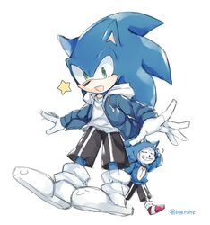  2boys black_pants blue_hoodie closed_eyes commentary_request cosplay crossover furry gloves green_eyes hedgehog hood hoodie male_focus multiple_boys pants red_footwear rento_(rukeai) sans_(undertale) sans_(undertale)_(cosplay) skeleton skull sonic_(series) sonic_the_hedgehog sonic_the_hedgehog_(cosplay) sparkle star_(symbol) undertale white_footwear white_gloves 