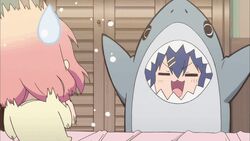  2girls animal_costume animated animated bad_link bed bedroom blue_hair closet commentary hair_ornament hairclip hinako_note indoors multiple_girls natsukawa_kuina pink_hair sakuragi_hinako shark_costume sweatdrop 