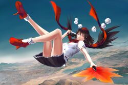  above_clouds bare_legs belt black_skirt black_wings blue_sky breasts brown_hair camera cloud commentary_request euphori_cat female floating frilled_skirt frills geta hand_fan hat highres holding holding_camera holding_fan horizon lake leg_up legs long_legs looking_at_viewer medium_breasts miniskirt mountain red_eyes red_scarf scarf scenery shameimaru_aya shirt short_hair short_sleeves skirt sky socks solo tengu-geta thighs tokin_hat touhou white_shirt white_socks wings 