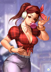  absurdres artist_name bangle belt blowing_bubbles blue_pants blurry blurry_background bracelet breasts brown_eyes brown_hair chewing_gum cleavage collarbone commentary covered_nipples cowboy_shot cruiser_d.va d.va_(overwatch) day didi_esmeralda earrings english_commentary female front-tie_top head_scarf headphones highres hoop_earrings jewelry long_hair looking_at_viewer medium_breasts neckerchief nose official_alternate_costume outdoors overwatch overwatch_1 pants photoshop_(medium) pink_lips plaid plaid_shirt ponytail puffy_short_sleeves puffy_sleeves red_shirt shirt short_sleeves signature snowing solo swept_bangs tight_clothes tight_pants white_neckerchief 