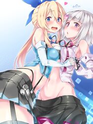  2girls asymmetrical_hair bare_shoulders black_skirt black_thighhighs blonde_hair blue_ribbon blush breast_press breasts commentary crop_top detached_sleeves elbow_gloves esoragoto garter_straps gloves groin hair_between_eyes hair_ornament hair_ribbon highres icetea large_breasts lingerie long_hair looking_at_viewer midriff miniskirt mirai_akari mirai_akari_project multiple_girls navel open_mouth pleated_skirt ponytail purple_eyes ribbon shiny_skin short_hair side_ponytail sideboob sidelocks skirt sleeveless suspenders symmetrical_docking thighhighs tied_hair underwear virtual_youtuber white_gloves white_hair yomemi yuri 