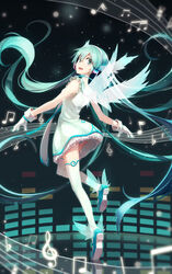  aqua_hair beamed_eighth_notes beamed_sixteenth_notes commentary_request dress female gloves green_eyes hatsune_miku headphones highres linfi-muu long_hair looking_back musical_note open_mouth panties quarter_note revision sixteenth_note solo striped_clothes striped_panties thighhighs treble_clef twintails underwear very_long_hair vocaloid wings 