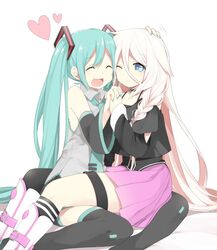  2girls aqua_hair asymmetrical_legwear belt_boots black_socks black_thighhighs blonde_hair blue_eyes boots braid buckle cheek-to-cheek choker closed_eyes commentary detached_sleeves hair_ornament hair_over_shoulder hand_on_another&#039;s_head hatsune_miku heads_together heart highres ia_(vocaloid) interlocked_fingers kneehighs long_hair multiple_girls naruto_maki necktie one_eye_closed open_mouth pleated_skirt simple_background single_braid single_kneehigh single_sock single_thighhigh sitting sitting_on_person skirt smile socks thighhighs twintails uneven_legwear very_long_hair vocaloid white_background yuri 