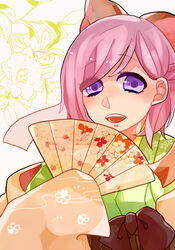  blush bow commentary_request female fujiwara_no_teishi hairbow hand_fan japanese_clothes kimi_no_tame_nara_shineru_(manga) kimono open_mouth pink_hair purple_eyes shima_(mahirooon) short_hair smile solo 