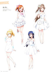  4girls absurdres arm_warmers ayase_eli bare_shoulders blonde_hair blue_eyes blue_hair blush bow breasts brown_eyes brown_hair cleavage dress elbow_gloves full_body gloves hair_ornament hairbow hand_on_own_chest high_heels highres holding jewelry kosaka_honoka layered_dress leg_up lineup long_hair looking_at_viewer love_live! love_live!_school_idol_project medium_breasts minami_kotori morimoto_yufuki multiple_girls necklace official_art one_eye_closed open_mouth orange_hair page_number photoshop_(medium) scan simple_background skirt_hold smile sonoda_umi standing strapless strapless_dress thighhighs wedding_dress white_background white_dress white_gloves zettai_ryouiki 