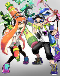  3boys 3girls aqua_eyes aqua_hair baseball_cap beanie blue_eyes blue_hair blunt_bangs burst_bomb_(splatoon) capri_pants commentary denim denim_shorts dress_shirt emblem glasses goggles goggles_on_head green_eyes green_hair hat headphones ink_tank_(splatoon) inkbrush_(splatoon) inkling inkling_boy inkling_girl inkling_player_character inkzooka_(splatoon) jeans layered_clothes layered_sleeves long_hair long_sleeves looking_at_viewer luna_blaster_(splatoon) mask multiple_boys multiple_girls orange_eyes orange_hair pants pants_under_shorts pink_eyes pink_hair print_shirt purple_eyes purple_hair scope shirt shoes short_hair short_over_long_sleeves short_shorts short_sleeves shorts smile smirk sneakers splat_bomb_(splatoon) splat_charger_(splatoon) splat_roller_(splatoon) splatoon_(series) splatoon_1 splattershot_(splatoon) standing t-shirt tentacle_hair topknot white_shirt yunomi_(art1925love) 