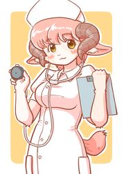  bovid caprine digital_media_(artwork) doctor domestic_sheep female hair kemono kin-shun mammal pink_hair sheep short_hair solo yellow_eyes 