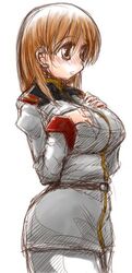  blush breasts brown_eyes brown_hair female female gundam gundam_lost_war_chronicles hirowa_nagi large_breasts military_uniform noel_anderson simple_background solo uniform 