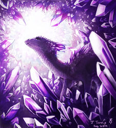  2014 ambiguous_gender amethyst_(gem) avoid_posting crystal crystal_creature crystal_dragon detailed_background dragon elemental_creature fangs feral gem horn mane mineral_fauna mythological_creature mythological_scalie mythology purple_body purple_eyes purple_scales scales scalie solo teeth turnipberry 