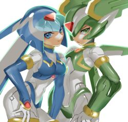  1boy adapted_costume android bent_over blue_eyes breasts commentary_request fairy_leviathan_(mega_man) female green_eyes hand_on_own_hip head_tilt helmet looking_at_viewer medium_breasts mega_man_(series) mega_man_zero_(series) protected_link robot_girl sage_harpuia_(mega_man) scccs2 simple_background smile white_background 