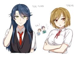  2boys 2girls ? ?? alternate_hair_length alternate_hairstyle bad_id bad_twitter_id breasts gekkan_shoujo_nozaki-kun hori_masayuki kashima_yuu korean_text long_hair medium_breasts mery_(yangmalgage) multiple_boys multiple_girls school_uniform seo_yuzuki short_hair translated wakamatsu_hirotaka 