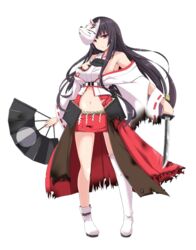  asymmetrical_legwear bare_shoulders black_hair boots breasts detached_sleeves female fox_mask full_body hand_fan holding holding_fan holding_weapon japanese_clothes kichihachi kubota_(oshiro_project) large_breasts long_hair looking_at_viewer mask midriff mismatched_legwear navel nontraditional_miko official_art oshiro_project:re purple_eyes red_skirt short_sword skirt solo sword thigh_boots thighhighs torn_boots torn_clothes torn_skirt transparent_background weapon 