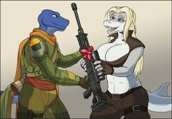  anthro armor big_breasts breasts clothed clothing dragon_(titanfall) duo electronic_arts female fish gun male marine militia_(titanfall) nintendo non-mammal_breasts pilot pilot_(titanfall) ranged_weapon respawn_entertainment rifle shark smile struggler teeth the_legend_of_zelda titanfall triforce vodka_kovalevski weapon 