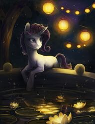  absurd_res avoid_posting blue_eyes cutie_mark equid female feral friendship_is_magic fur glowing hair hasbro hi_res horn lamp lantern lily_(disambiguation) lily_pad long_hair mammal mane my_little_pony night outside plant purple_hair rarity_(mlp) smile solo star tree turnipberry white_body white_fur 