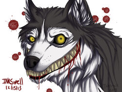  blood bodily_fluids canid canine canis creepypasta domestic_dog fur grin inkswell mammal sharp_teeth simple_background smile smile.dog solo teeth white_background yellow_eyes 