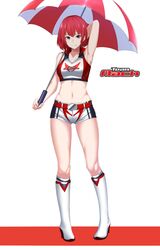  absurdres arm_behind_head armpits commentary_request crop_top female full_body hakuduki18 highres looking_at_viewer mach_go_go_go midriff navel original purple_eyes race_queen red_eyes short_hair short_shorts shorts simple_background smile solo standing super_gt team_mach umbrella white_background 