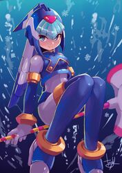  android blue_eyes boots commentary_request crop_top fairy_leviathan_(mega_man) female helmet highres mega_man_(series) mega_man_zero_(series) polearm signature smile snowflakes solo spear tesshii_(riza4828) thighhighs underwater weapon 