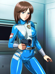  anime_coloring blue_eyes bodysuit brown_hair covered_navel emblem female gun lipstick makeup monteriakitto short_hair skin_tight solo spacesuit weapon 