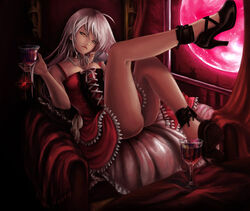  ahoge akashiya_moka alcohol artist_request ass bare_legs collar couch cup dress drinking_glass female full_body gem head_tilt holding holding_cup inner_moka legs_up long_hair looking_at_viewer moon on_couch pearl_(gemstone) red_dress red_moon red_theme rosario+vampire solo upskirt white_hair wine wine_glass 