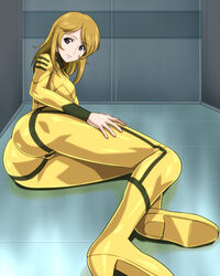  anime_coloring ass blonde_hair blue_eyes bodysuit commentary_request female long_hair looking_at_viewer lying military military_uniform monteriakitto mori_yuki skin_tight smile solo uchuu_senkan_yamato uchuu_senkan_yamato_2199 uniform yellow_bodysuit 