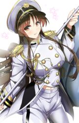  brown_eyes brown_hair commentary_request female flag hat idolmaster idolmaster_cinderella_girls idolmaster_cinderella_girls_starlight_stage long_hair midriff_peek military military_uniform naval_uniform navel nitta_minami nonohachi peaked_cap seizon_honnou_valkyria_(idolmaster) solo tongue uniform white_background 