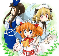  3girls ascot blonde_hair blue_dress blue_eyes bow brown_hair chestnut_mouth clenched_hands commentary_request daisy dress drill_hair fairy_wings finger_to_mouth flower hairbow hat hat_ribbon headdress long_hair long_sleeves looking_at_viewer luna_child multiple_girls nitamago obi oerba_yun_fang open_mouth orange_hair plant profile red_eyes ribbon sash short_hair smile star_sapphire sunny_milk touhou twintails vines white_dress wings yellow_eyes 