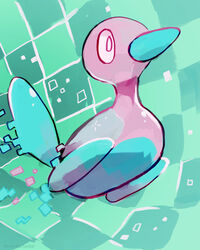  bird checkered checkered_background commentary creature creatures_(company) english_commentary full_body game_freak gen_2_pokemon green_background highres looking_away nintendo no_humans pixels pokemon pokemon_(creature) porygon2 profile rinnai-rai solo 