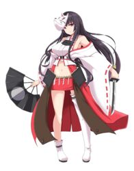  asymmetrical_legwear bare_shoulders black_hair boots breasts detached_sleeves female fox_mask full_body hand_fan holding holding_fan holding_weapon japanese_clothes kichihachi kubota_(oshiro_project) large_breasts long_hair looking_at_viewer mask midriff mismatched_legwear nontraditional_miko official_art oshiro_project:re purple_eyes red_skirt short_sword skirt solo sword thigh_boots thighhighs transparent_background very_long_hair weapon 