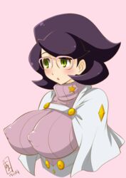  :o bad_id bad_pixiv_id big_hair blush breasts capelet commentary_request covered_nipples female glasses green_eyes impossible_clothes impossible_sweater large_breasts ono_toshihiro pink-framed_eyewear pink_background pokemon pokemon_sm purple_hair purple_sweater ribbed_sweater solo sweater turtleneck turtleneck_sweater upper_body wicke_(pokemon) 