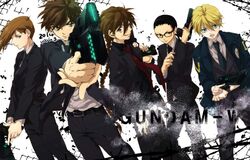  5boys bad_id bad_pixiv_id belt black_eyes black_hair blonde_hair blue_eyes braid brown_hair chang_wufei copyright_name dominator_(gun) duo_maxwell formal glasses grin gun gundam gundam_wing heero_yuy ikuhiro_(19nnnkti16) multiple_boys necktie open_mouth psycho-pass quatre_raberba_winner smile suit teeth trigger_discipline trowa_barton weapon 