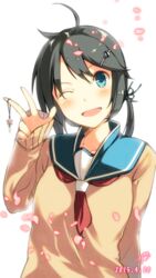  black_hair blue_eyes commentary_request dated female hair_ornament hairclip highres kako_(kancolle) kantai_collection long_hair oerba_yun_fang one_eye_closed sahuyaiya school_uniform solo sweater v 