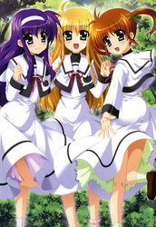  3girls :d absurdres arisa_bunnings blonde_hair blue_eyes dress friends green_eyes hairband higa_yukari highres holding_hands interlocked_fingers long_hair long_sleeves looking_at_viewer lyrical_nanoha mahou_shoujo_lyrical_nanoha multiple_girls nyantype official_art open_mouth purple_eyes purple_hair red_hair ribbon scan school_uniform seishou_elementary_school_uniform short_twintails smile socks takamachi_nanoha tsukimura_suzuka twintails 