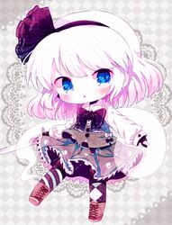  :o argyle_clothes argyle_legwear asymmetrical_legwear bad_id bad_pixiv_id belt black_bow black_bowtie black_gloves blue_eyes blush bob_cut boots bow bowtie brown_footwear checkered_background chibi collared_shirt cross-laced_footwear doily female fingerless_gloves frilled_bowtie frilled_shirt_collar frilled_skirt frills full_body ghost_print gloves grey_background grey_skirt grey_vest hairband haru431 highres hitodama konpaku_youmu konpaku_youmu_(ghost) lace-up_boots long_sleeves looking_at_viewer mismatched_legwear pantyhose shirt short_hair skirt solo sparkle striped_clothes striped_pantyhose sword touhou v-shaped_eyebrows vest weapon white_hair white_shirt 