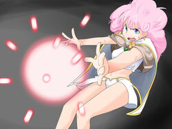  blue_eyes breasts commentary_request crop_top earrings energy_ball female jewelry long_hair magic medium_breasts midriff navel open_mouth pink_hair rance_(series) rance_02 sengoku_rance sill_plain solo tarutaru_gungun 